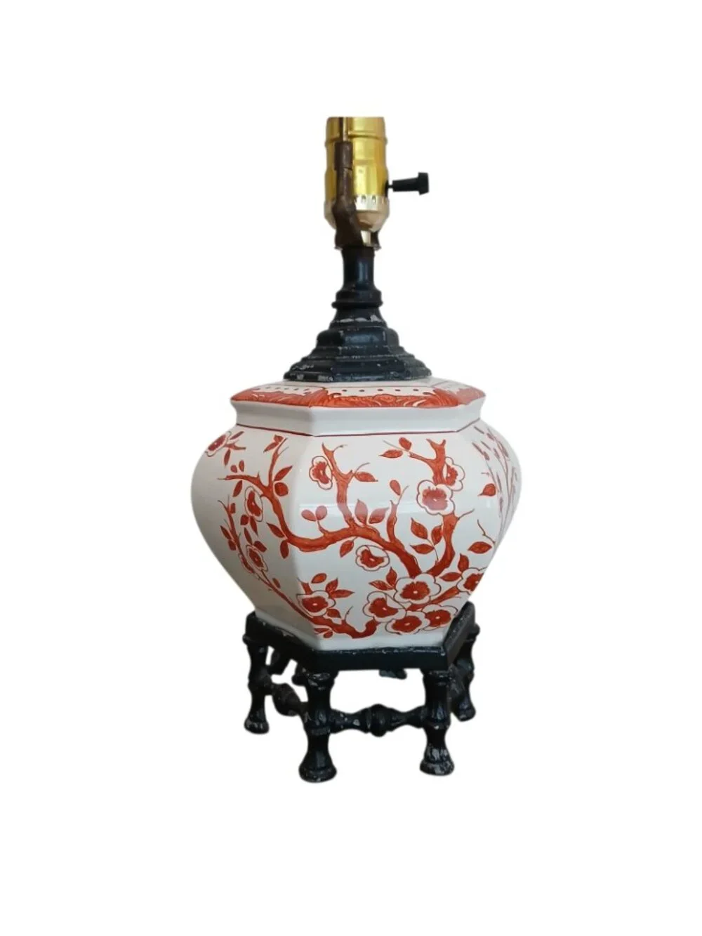 Chinoiserie Orange Blossom Porcelain Table Lamp Faux Bamboo Base 19.5
